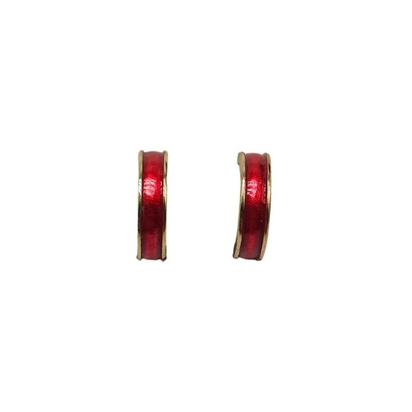 Trifari Red Enamel Dainty Hoop Earrings Gold Tone Vintage MCM - Picture 1 of 5